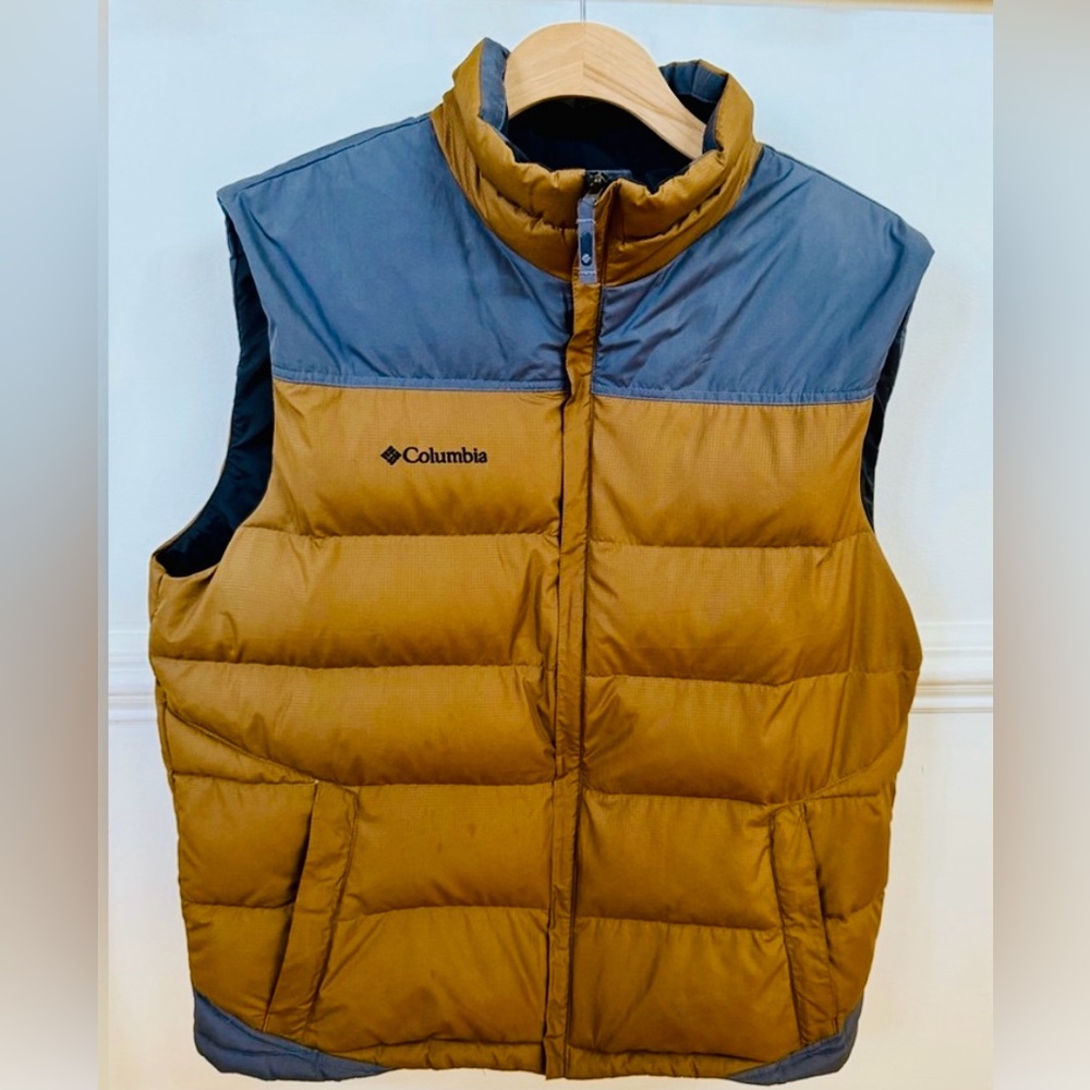 Columbia Men’s Down Puffer Vest L – Two-Tone Tan/Gray 60/40 Down Fill